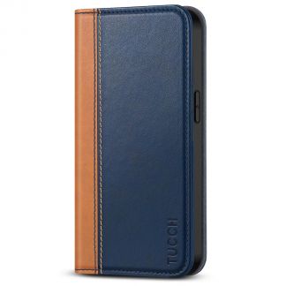 TUCCH iPhone 14 Pro Wallet Case - iPhone 14 Pro Flip Cover With Magnetic Closure-Dark Blue &amp;amp; Brown
