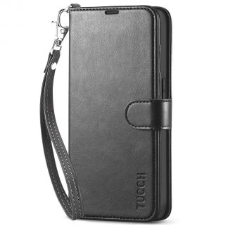 TUCCH iPhone 14 Pro Max Wallet Case, iPhone 14 Max Pro Book Folio Flip Kickstand Cover With Magnetic Clasp-Strap - Black