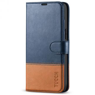 TUCCH iPhone 14 Pro Max Wallet Case, iPhone 14 Max Pro Book Folio Flip Kickstand Cover With Magnetic Clasp-Dark Blue &amp;amp; Brown
