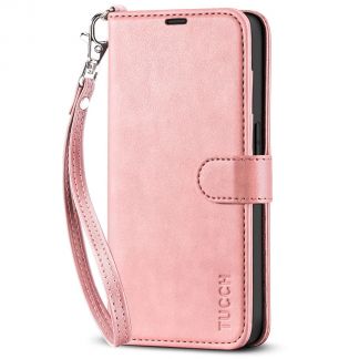TUCCH iPhone 14 Pro Max Wallet Case, iPhone 14 Max Pro Book Folio Flip Kickstand Cover With Magnetic Clasp-Strap - Rose Gold