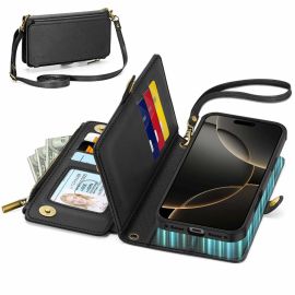 TUCCH Crossbody Bag Leather Wallet Case for iPhone 18 Pro, Detachable TPU Case with Wrist Strap, Large Card Capacity & RFID Blocking