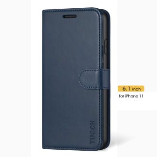 TUCCH iPhone 11 Leather Wallet Case Folio Flip Kickstand With Magnetic Clasp-Blue