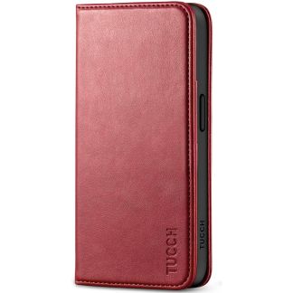 TUCCH iPhone 15 Wallet Case - Regular iPhone 15 Folio Leather Case With Magnetic Closure - Dark Red