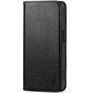 TUCCH iPhone 15 Wallet Case - Regular iPhone 15 Folio Leather Case With Magnetic Closure - Full Grain Black