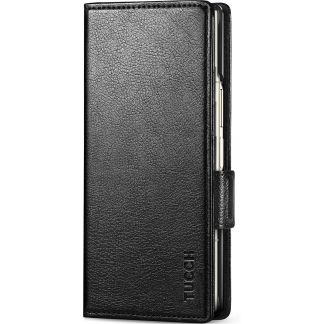 TUCCH SAMSUNG Galaxy Z Fold6 5G Foldable Leahter Wallet Case With S Pen Slot - Full Grain Black