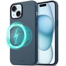 TUCCH iPhone 15 Plus Leather Case, Magsafe Compatible Slim Anti-Slip Edges Raised Shockproof Protection Phone Case - Blue