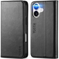 TUCCH iPhone 16 Leather Wallet Case - Magnetic Closure Flip Cover for The Regular iPhone 16, Stand, with 3 Credit Card Slots RFID Blocking Shockproof TPU Phone Case