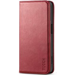 TUCCH iPhone 15 Wallet Case - Regular iPhone 15 Folio Leather Case With Magnetic Closure - Dark Red