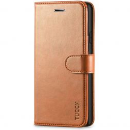TUCCH iPhone 11 Leather Wallet Case Folio Flip Kickstand With Magnetic Clasp-Light Brown