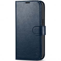 TUCCH iPhone 13 Wallet Case, iPhone 13 Book Folio Flip Kickstand With Magnetic Clasp-Full Grain Navy Blue