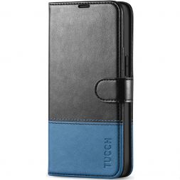 TUCCH iPhone 13 Wallet Case, iPhone 13 Book Folio Flip Kickstand With Magnetic Clasp-Black & Light Blue