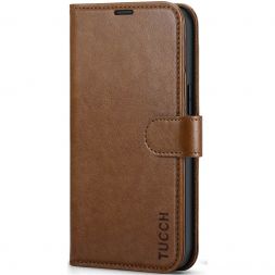 TUCCH iPhone 13 Wallet Case, iPhone 13 Book Folio Flip Kickstand With Magnetic Clasp-Brown