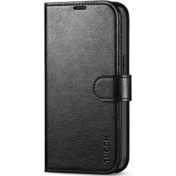 TUCCH iPhone 14 Wallet Case, iPhone 14 Book Folio Flip Kickstand PU Leather Cover With Magnetic Clasp-Full Grain Black