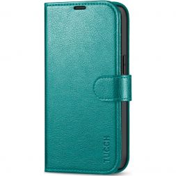 TUCCH iPhone 14 Wallet Case, iPhone 14 Book Folio Flip Kickstand PU Leather Cover With Magnetic Clasp-Full Grain Cyan