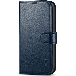 TUCCH iPhone 14 Wallet Case, iPhone 14 Book Folio Flip Kickstand PU Leather Cover With Magnetic Clasp-Full Grain Navy Blue