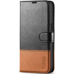 TUCCH iPhone 14 Wallet Case, iPhone 14 Book Folio Flip Kickstand PU Leather Cover With Magnetic Clasp-Black&amp;amp;Brown
