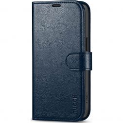TUCCH iPhone 15 Leather Wallet Case, iPhone 15 Flip Case with Magnetic Clasp - Full Grain Navy Blue
