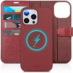 TUCCH iPhone 15 Pro Max Magnetic Detachable Wallet Case, iPhone 15 Pro Max Leather Case 2IN1 - Dark Red