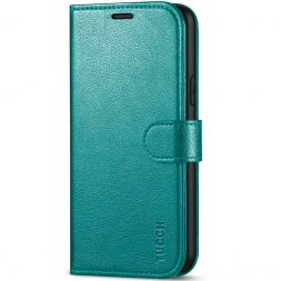 TUCCH iPhone 12 6.1-inch Wallet Case, iPhone 12 Pro Folio Flip Kickstand With Magnetic Clasp-Full Grain Cyan