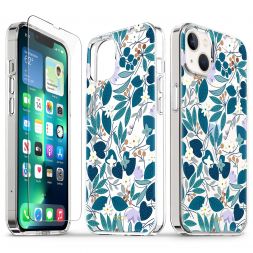 TUCCH iPhone 13 Clear Case, iPhone 13 TPU Case with Glass Screen Protector - Blue Flowers Leaves