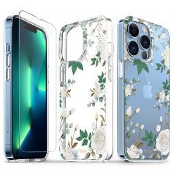 TUCCH iPhone 13 Pro Clear Case, iPhone 13 Pro 5G TPU Case with Glass Screen Protector, Scratchproof Shockproof Slim Crystal Clear Case - White Rose