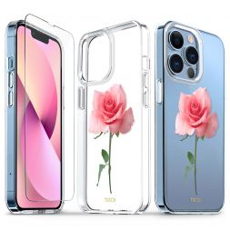 TUCCH iPhone 13 Pro Clear Case, iPhone 13 Pro 5G TPU Case with Glass Screen Protector, Scratchproof Shockproof Slim Crystal Clear Case - Pink Rose Flower