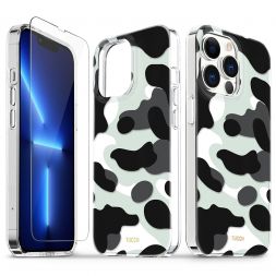 TUCCH iPhone 13 Pro Clear Case, iPhone 13 Pro 5G TPU Case with Glass Screen Protector, Scratchproof Shockproof Slim Crystal Clear Case - Black and White Camouflage