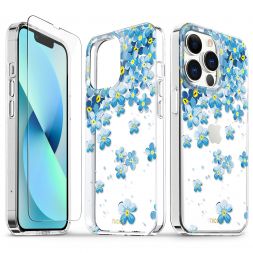 TUCCH iPhone 13 Pro Clear Case, iPhone 13 Pro 5G TPU Case with Glass Screen Protector, Scratchproof Shockproof Slim Crystal Clear Case - Blue Flowers