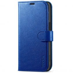 TUCCH iPhone 15 Leather Wallet Case, iPhone 15 Flip Case with Magnetic Clasp - Full Grain Klein Blue