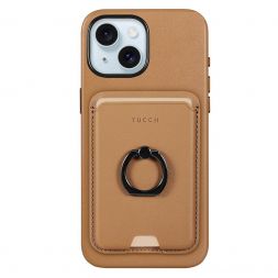 TUCCH iPhone 15 Leather Case with Magnetic Card Holder, Removable, Magsafe Compatible Raised Edges Shockproof Protection Case - Brown