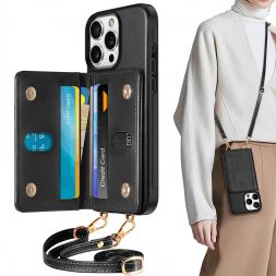 TUCCH iPhone 16 Pro Crossbody Wallet Case, iPhone 16 Pro Phone Case with Undetachable Card Holder + Adjustable Lanyard
