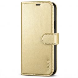 TUCCH iPhone 12 Wallet Case, iPhone 12 Pro 6.1-Inch  Folio Flip Kickstand With Magnetic Clasp-Shiny Champagne Gold