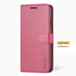 TUCCH iPhone 11 Leather Wallet Case Folio Flip Kickstand With Magnetic Clasp-Hot Pink