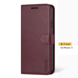 TUCCH iPhone 11 Leather Wallet Case Folio Flip Kickstand With Magnetic Clasp-Wine Red