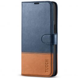 TUCCH iPhone 13 Wallet Case, iPhone 13 Book Folio Flip Kickstand With Magnetic Clasp-Dark Blue & Brown