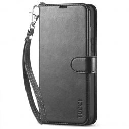TUCCH iPhone 13 Pro Max Wallet Case, iPhone 13 Max Pro Book Folio Flip Kickstand With Magnetic Clasp-Strap - Black