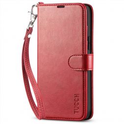 TUCCH iPhone 13 Pro Max Wallet Case, iPhone 13 Max Pro Book Folio Flip Kickstand With Magnetic Clasp-Strap - Dark Red