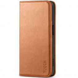 TUCCH iPhone 15 Wallet Case - Regular iPhone 15 Folio Leather Case With Magnetic Closure - Light Brown