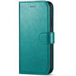 TUCCH iPhone 7/8 Wallet Case, iPhone SE 2nd 2020/iPhone SE 3Gen. 2022 Leather Cover, Folio Style Kickstand With Magnetic Strap-Full Grain Cyan