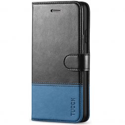 TUCCH iPhone 7/8 Wallet Case, iPhone SE 2nd 2020/iPhone SE 3Gen. 2022 Leather Cover, Folio Style Kickstand With Magnetic Strap-Black&amp;Light Blue