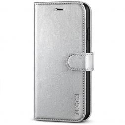 TUCCH iPhone 7/8 Wallet Case, iPhone SE 2nd 2020 Leather Cover, Folio Style Kickstand With Magnetic Strap-Shiny Silver