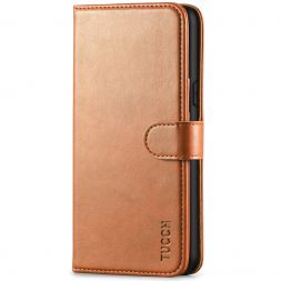 TUCCH iPhone XS Wallet Case Folio Style Kickstand With Magnetic Strap-Light Brown