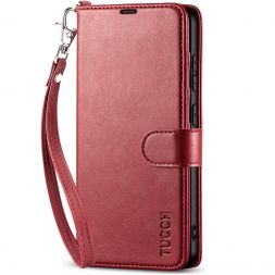 TUCCH Samsung S24 Wallet Case, Samsung Galaxy S24 5G Leather Case Folio Cover - Strap - Dark Red