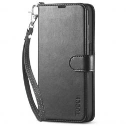TUCCH iPhone 14 Pro Wallet Case, iPhone 14 Pro Book Folio Flip Kickstand Cover With Magnetic Clasp-Strap - Black
