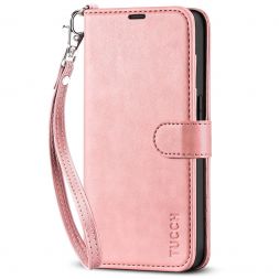 TUCCH iPhone 14 Pro Wallet Case, iPhone 14 Pro Book Folio Flip Kickstand Cover With Magnetic Clasp-Strap - Rose Gold
