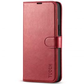 TUCCH iPhone 13 Mini Leather Wallet Case Folio Flip Book Full Protection Cover With Kickstand, Card Slots and Magnetic Clasp-Dark Red