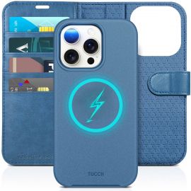 TUCCH iPhone 15 Pro Magnetic Detachable Wallet Case, iPhone 15 Pro Leather Flip Case 2IN1 - Light Blue