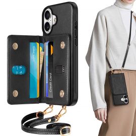 TUCCH iPhone 16 Crossbody Wallet Case, iPhone 16 Phone Case with Undetachable Card Holder + Adjustable Lanyard