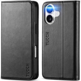 TUCCH iPhone 16 Leather Wallet Case - Magnetic Closure Flip Cover for The Regular iPhone 16, Stand, with 3 Credit Card Slots RFID Blocking Shockproof TPU Phone Case
