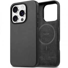 TUCCH iPhone 16 Pro Leather Case, Magsafe Compatible TPU Phone Case Support Wireless Charging, Slim Anti-Slip Raised Edges Shockproof PU Leather Protection Phone Case
